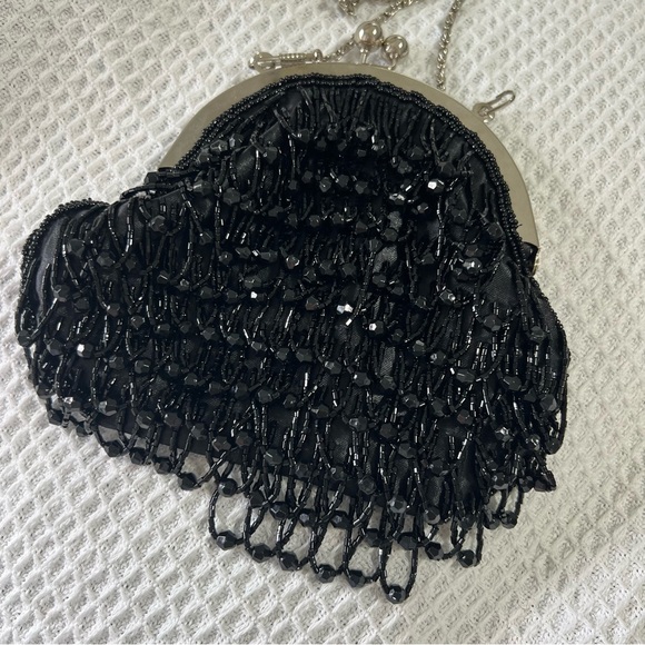 Vintage Bijoux Terner black beaded evening handbag shoulder bag kiss lock silver - Picture 11 of 14